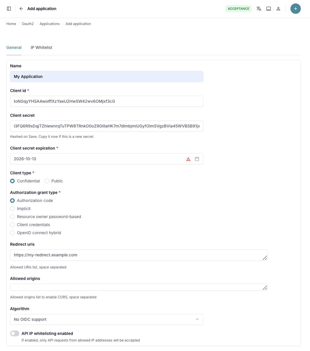 Add authorization code application